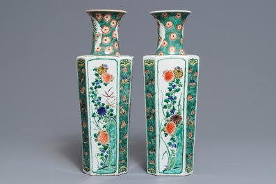 A pair of Chinese octagonal famille verte vases with birds and flowers, Kangxi