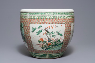 A Chinese famille verte fish bowl with birds among flowers, 19th C.