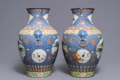 A pair of Chinese famille rose hu vases with landscape panels, Qianlong mark, Republic, 20th C.