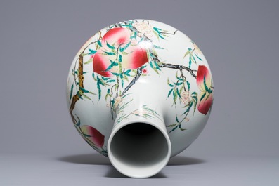 A Chinese famille rose &lsquo;nine peaches&rsquo; tianqiu ping vase, Qianlong mark, 20th C.