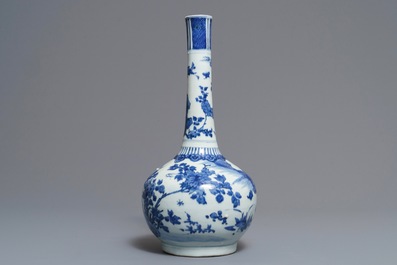 A large Chinese blue and white bottle vase with birds in a landscape, Wanli