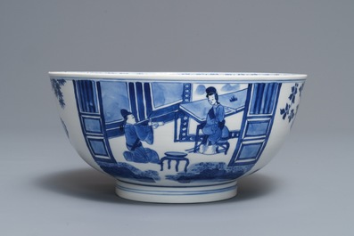 A Chinese blue and white bowl with floral and narrative panels, Kangxi mark and of the period