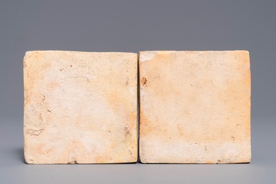Twee majolica tegels uit het kasteel van Oiron, Frankrijk, 1545-1550