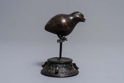 A Chinese bronze water dropper in the shape of a perched bird, Ming