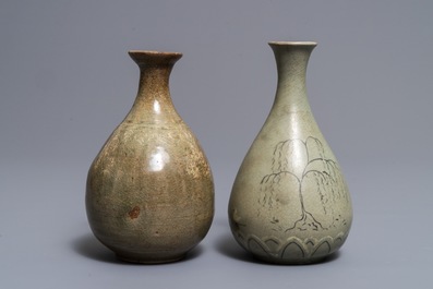 Two Korean celadon-glazed bottle vases, Goryeo and Joseon