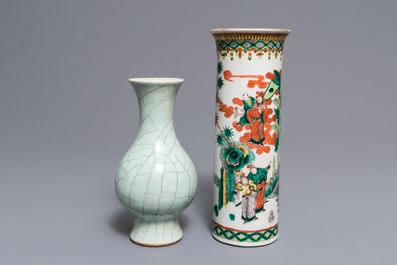 A Chinese celadon crackle-glazed vase and a famille verte vase, 19th C.