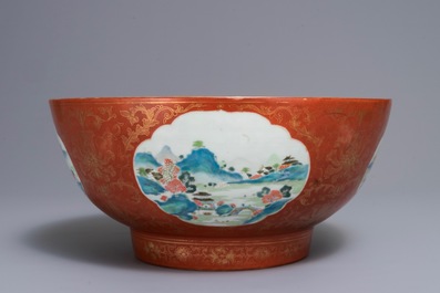 A large Chinese famille rose coral ground landscape bowl, Jiaqing