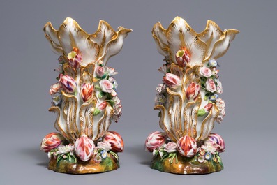 A pair of vases with applied floral design, Jacob Petit, Paris, 19th C.