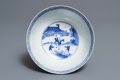 A Chinese blue and white bowl with floral and narrative panels, Kangxi mark and of the period