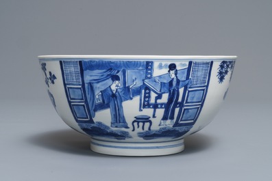 A Chinese blue and white bowl with floral and narrative panels, Kangxi mark and of the period