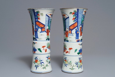 A pair of Chinese wucai gu vases, 19th C.