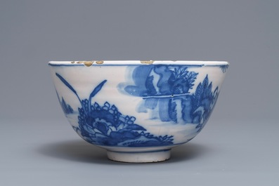 A Dutch Delft blue and white chinoiserie bowl, 17th C.