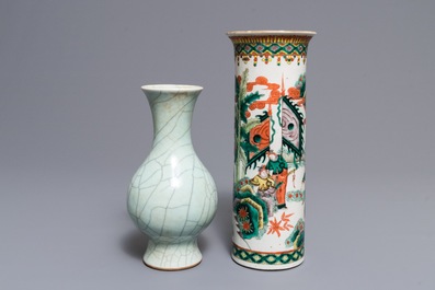 A Chinese celadon crackle-glazed vase and a famille verte vase, 19th C.