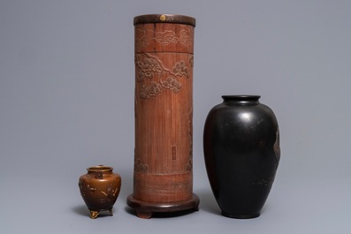 Two Japanese inlaid bronze vases and a bamboo 'eagle' ikebana, Japan, Meiji, 19/20th C.