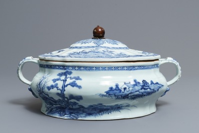 A Chinese blue and white tureen and cover with landscape design, Qianlong