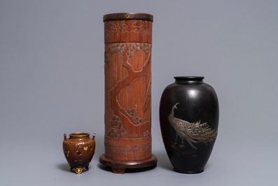 Two Japanese inlaid bronze vases and a bamboo 'eagle' ikebana 