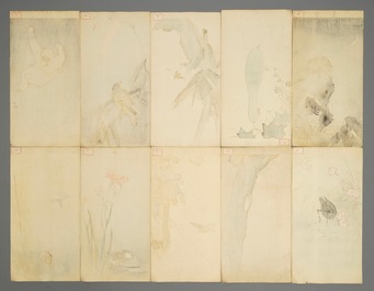 Tien Japanese aquarellen met decors van dieren en bloemen, Meiji, 19/20e eeuw