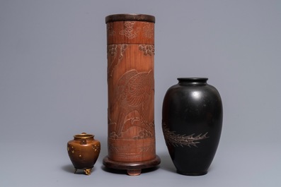 Two Japanese inlaid bronze vases and a bamboo 'eagle' ikebana, Japan, Meiji, 19/20th C.