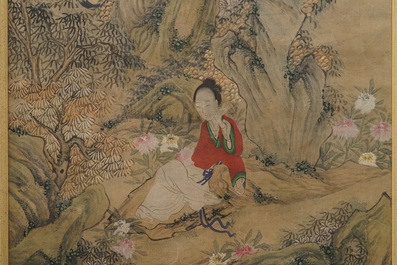 Chinese school: A view on the spring palace, 16/17th C. and 'Guanyin with servants', 19th C.