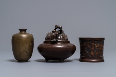 A Japanese inlaid bronze vase, a bronze censer and a parcel-gilt copper brush pot, Meiji, 19th C.