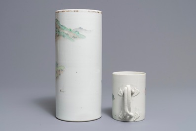 A Chinese qianjiang cai hat stand and a mug, signed Ren Huanzhang, 19th C.