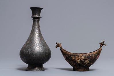 A lacquered brass 'kashkul' begging cup, Iran, and a bidriware vase, India, 18/19th C.