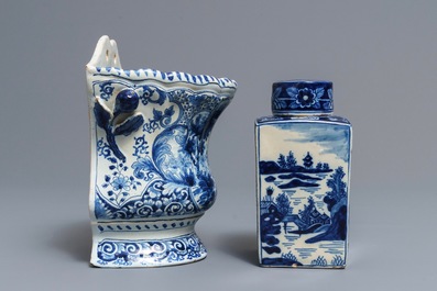 A Delft-style blue and white covered tea caddy and a wall vase, France, 19th C.