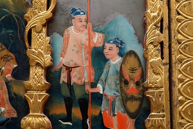 A rare Chinese gilt wood and reverse glass painted mirror, 2nd half 18th C.