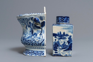 A Delft-style blue and white covered tea caddy and a wall vase, France, 19th C.