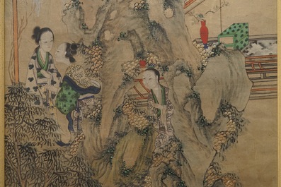 Ecole chinoise: Image du palais du printemps, 16/17&egrave;me et 'Guanyin aux servants', 19&egrave;me