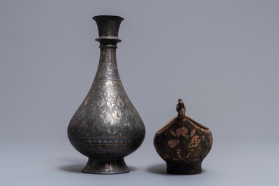 A lacquered brass 'kashkul' begging cup, Iran, and a bidriware vase, India, 18/19th C.