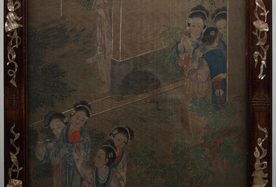 A Chinese mother-of-pearl inlaid wooden screen with silk paintings, 19th C.