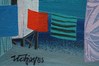 Tio Tjay (Indonesia, 1946): Beach houses, oil on panel, dated 1983