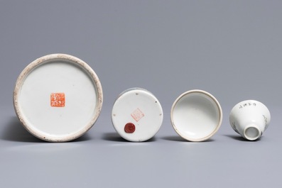 Un porte-chapeau, une tasse &agrave; vin et un r&eacute;chaud en porcelaine de Chine qianjiang cai, sign&eacute; Xu Pinheng, 19&egrave;me