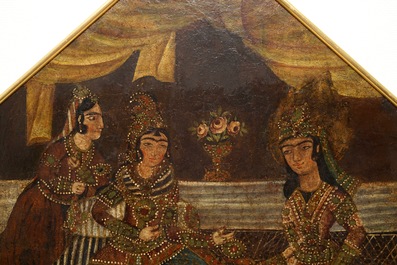 A Qajar arch-shaped oil on canvas: Zulaikha's servants cutting their hands as Yusuf appears, Qajar, 19th C.