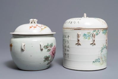 Twee Chinese qianjiang cai en famille rose dekselkommen, 19/20e eeuw