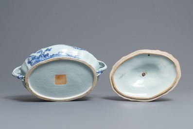 A Chinese blue and white tureen and cover with landscape design, Qianlong