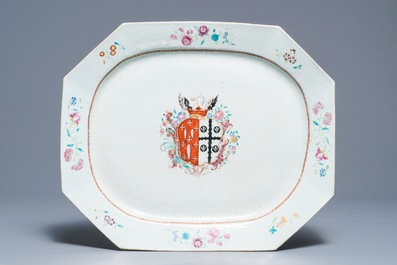 Three Chinese famille rose English market armorial plates and dishes, Qianlong