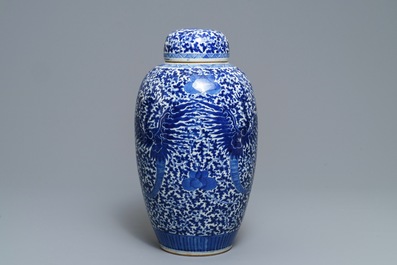 A Chinese blue and white 'phoenix' jar and cover, 19th C.