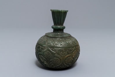 A Chinese Mughal-style spinach jade huqqa base, 19/20th C.