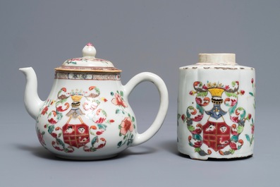 A Chinese famille rose armorial teapot, tea caddy and pattipan, Qianlong