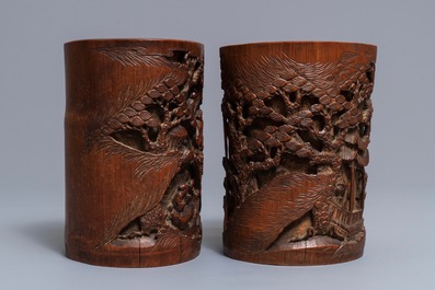 Two Chinese carved bamboo brush pots, 18/19th C.