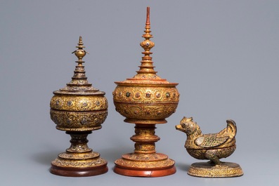 Two Burmese lacquer alms bowls and a Hintha betel box, 19/20th C.