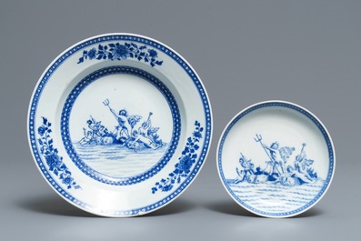 A Chinese blue and white mythological cup and saucer with matching plate depicting Neptune, Qianlong