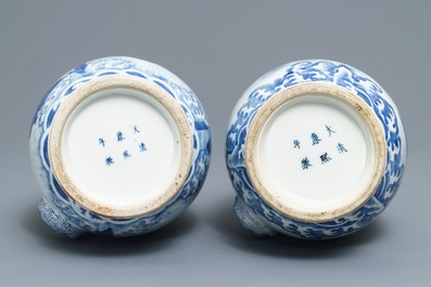 A pair of Chinese blue and white 'fish and crab' vases, Kangxi mark, 19th C.