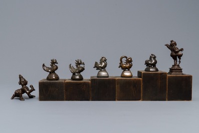 Five bronze 'animal' weights and two figures, Burma and India, 19th C.