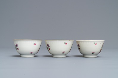 Three Chinese famille rose Dutch market cups and saucers and a porridge plate, arms of Velingius-Visch, Qianlong