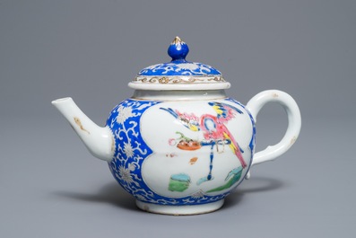 A rare Chinese famille rose 'perching parrot' teapot and cover, Yongzheng/Qianlong