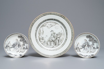 A Chinese grisaille 'immortals and tiger' plate and a pair of 'jesuit' cups and saucers, Qianlong
