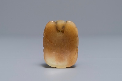 A Chinese russet jade 'Tiger Charm' inscribed pendant, 19/20th C.